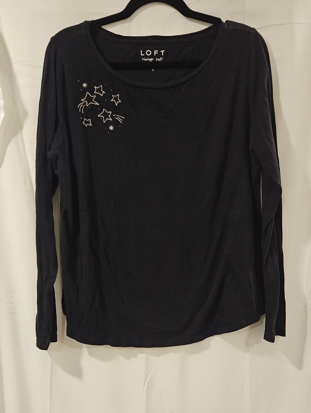 LOFT Black Long-Sleeve Tee with Star Stud Detail